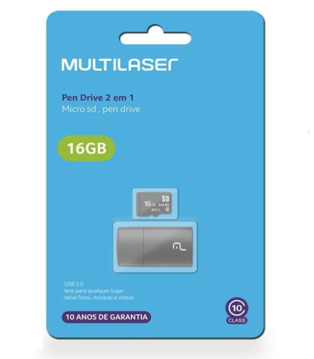 Pen Drive 2 em 1 Leitor de Micro SD 16 GB Multilaser - Micro SD e Pendrive - Multilaser - unidade    Cod. MC162