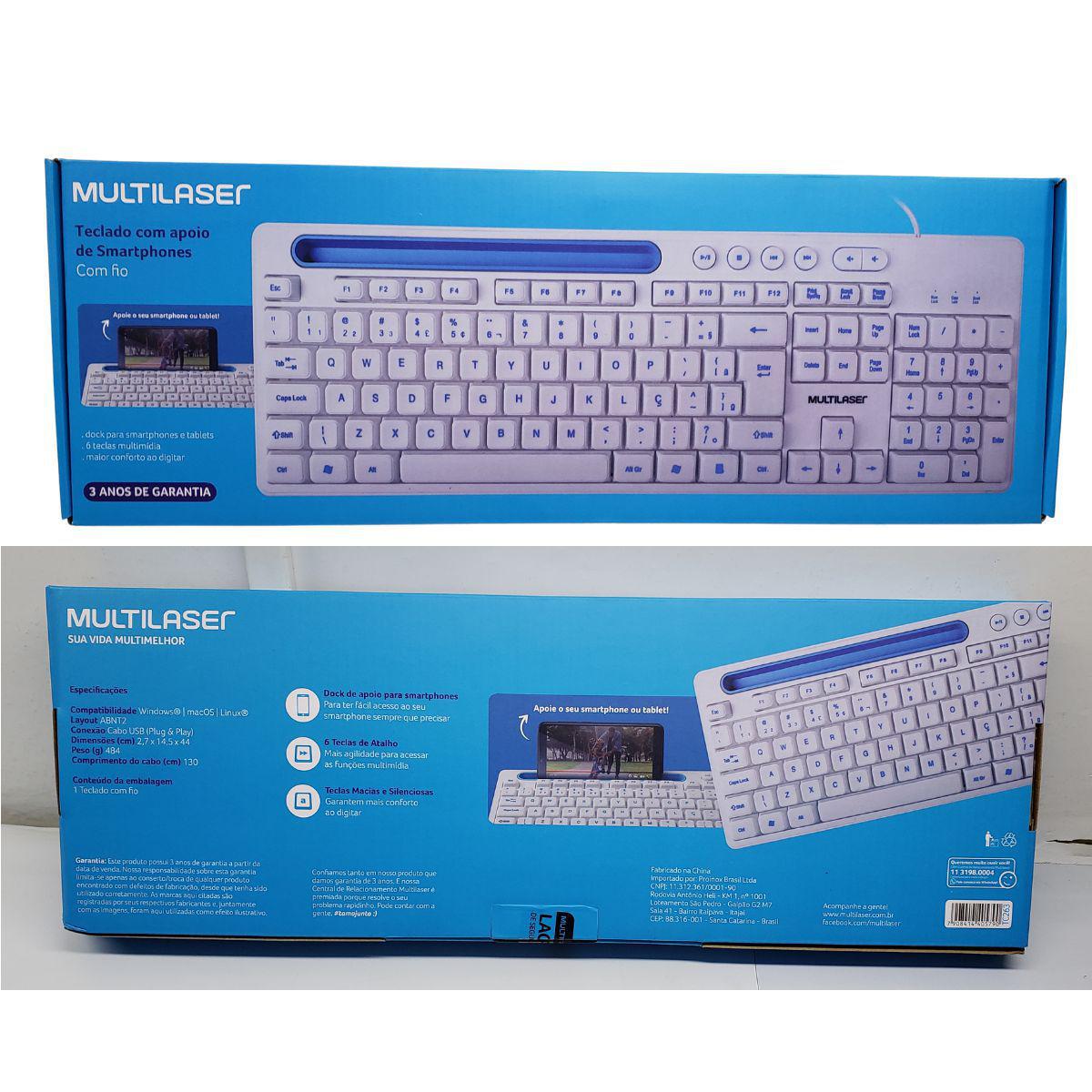  - Teclado - Multilaser - unidade    Cod. TC263 Teclado Com Fio USB Com Apoio Smartphone Par