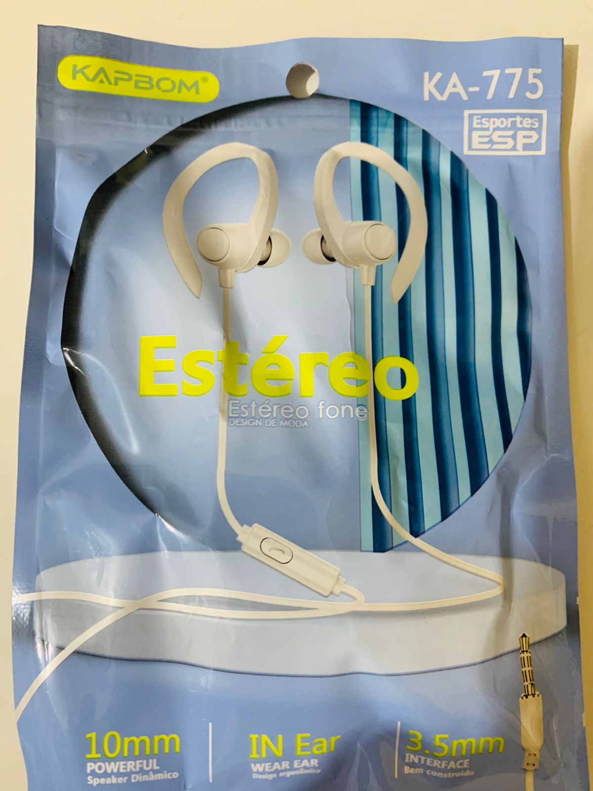  - Fones - Kapbom - unidade    Cod. KA-775 Fone Esportivo Entrada P2 Com Microfone